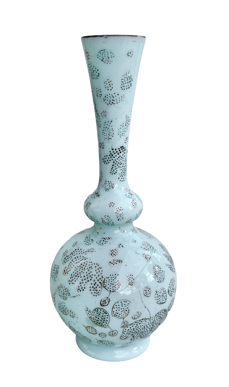 Another side of the French celadon glass bud vase showing its rounded body and trailing floral decoration.