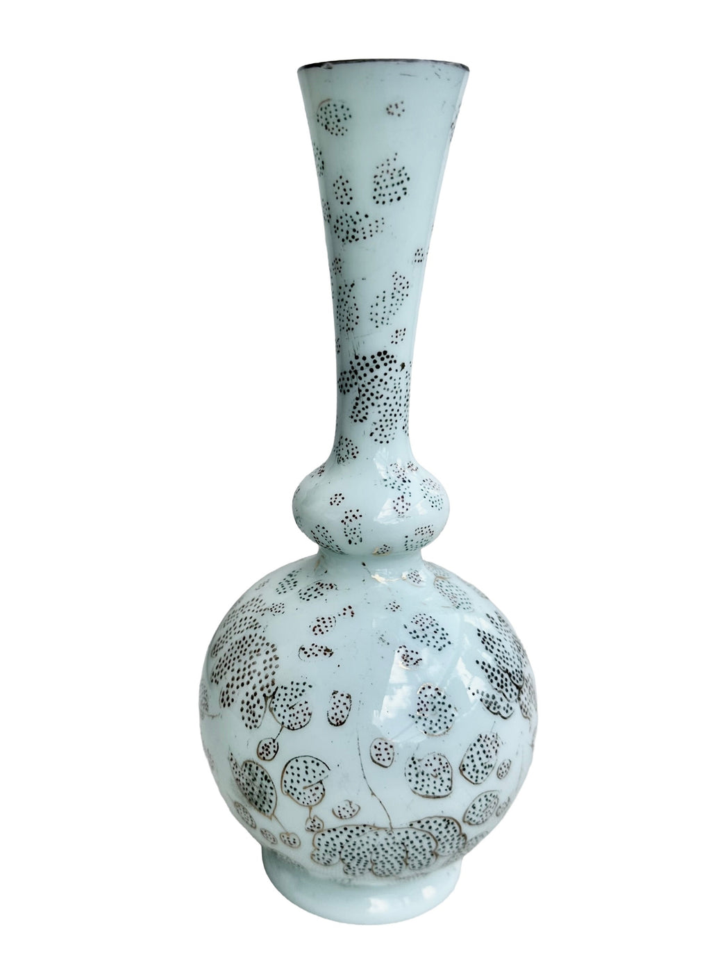 19th-century French celadon opaline glass soliflore with a rounded body, slender neck and dotted  gold floral decoration.