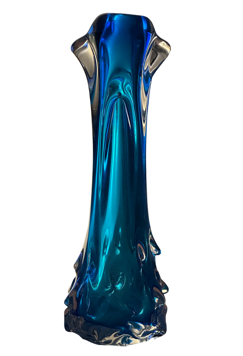 Škrdlovice Czech turquoise art glass vase with a tall slender body, clear shoulder lobes and thorn-shaped base details.