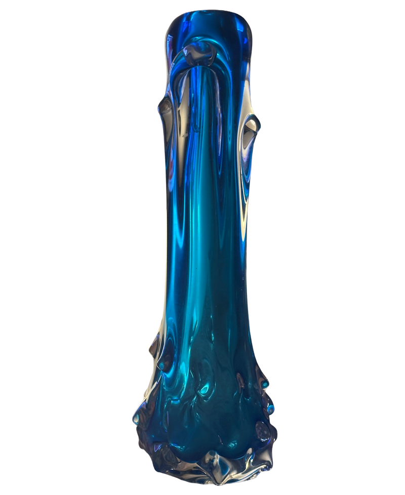 Side view of the Škrdlovice blue glass vase showing raised clear glass decoration along the slender body.