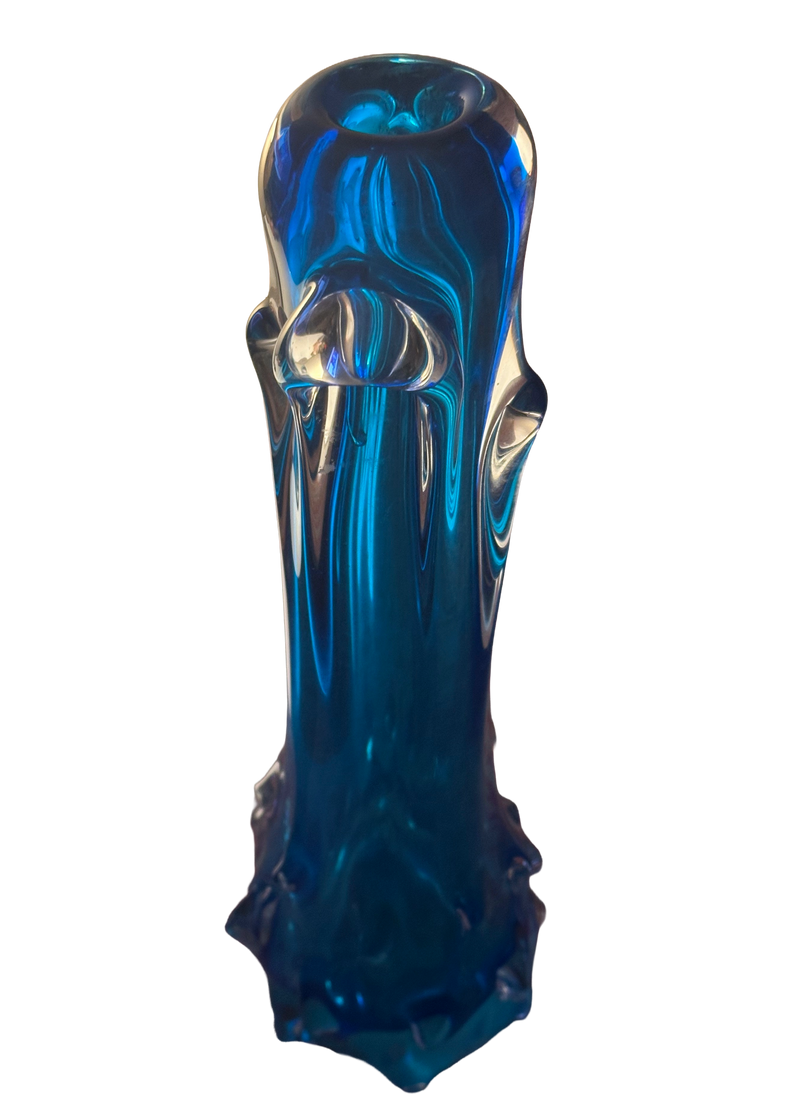 View from above of the turquoise Czech glass vase showing its thick rounded rim and broad clear shoulder lobes.