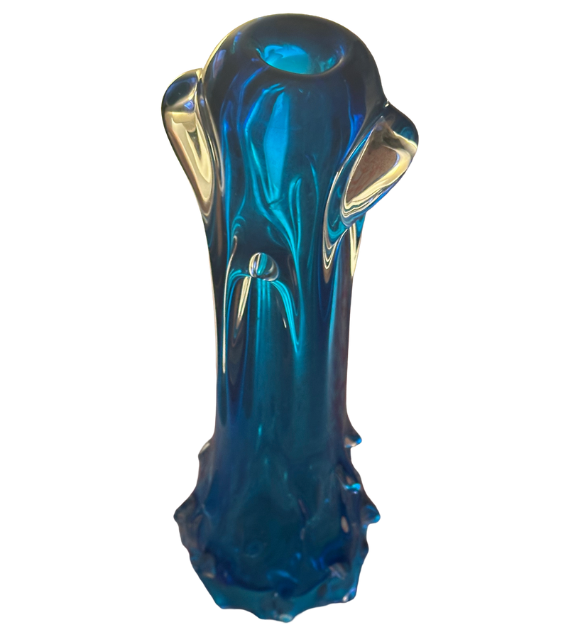 Elevated view of the Škrdlovice blue glass vase showing its rounded opening and clear glass shoulder details.