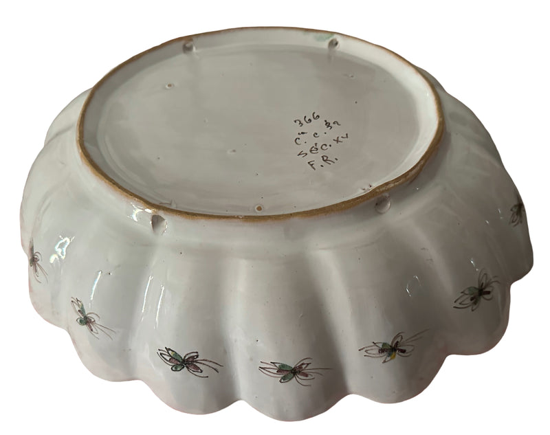 Base showing  signature  and decoration of Portuguese Coimbra faience centrepiece bowl, decorative detail, green and white hand-painted ceramic, c.1960–1980