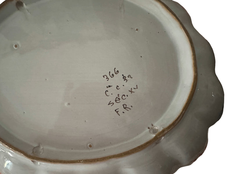 Close up of signature on base of Portuguese Coimbra faience centrepiece bowl, decorative detail, green and white hand-painted ceramic, c.1960–1980