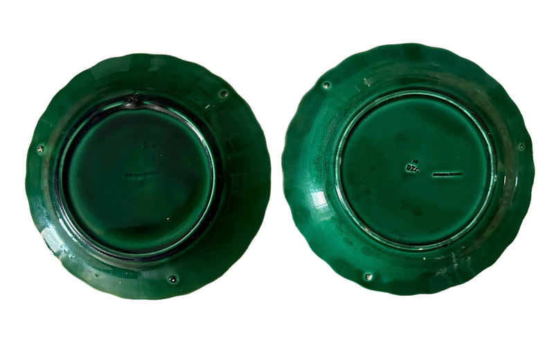Pair of Victorian Wedgwood green majolica Sunflower plates, 1878 and 1879,  showing Wedgwood and date stamps