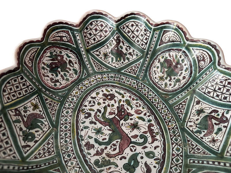 Portuguese Coimbra faience centrepiece bowl, decorative detail, green and white hand-painted ceramic, c.1960–1980