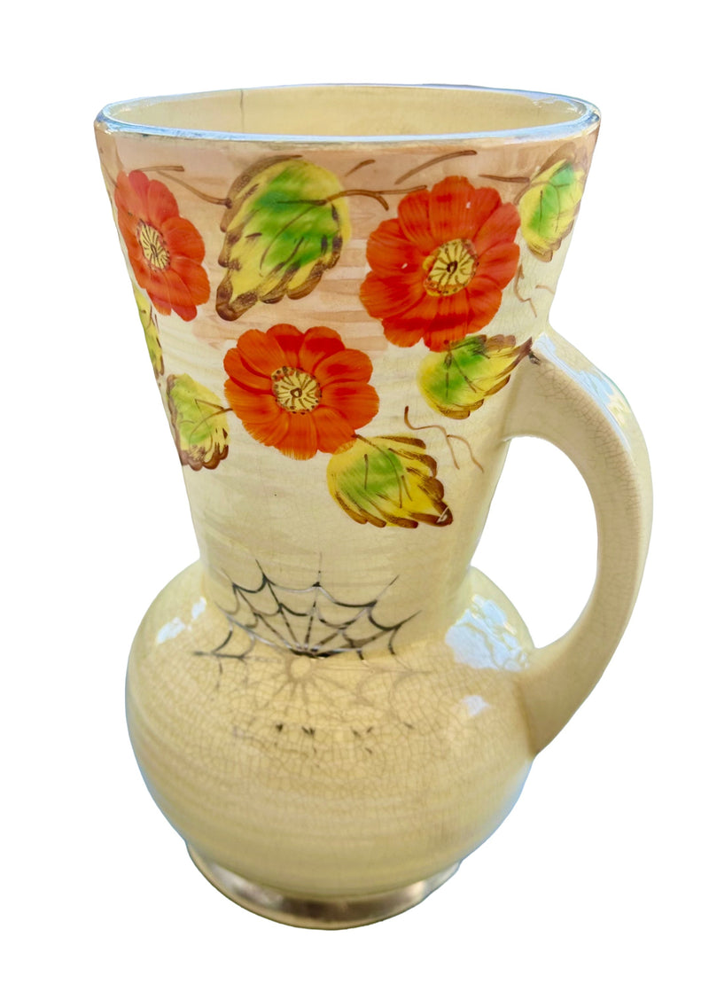 Arthur Wood nasturtium and spider web jug vase full view with handle, 1930s British Art Deco collectible ceramic
