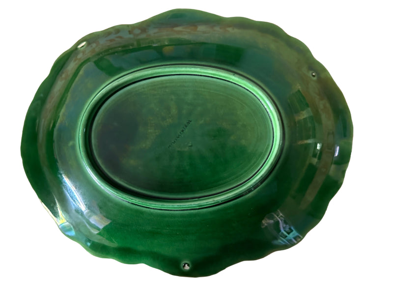 Reverse of Wedgwood majolica dish with impressed WEDGWOOD mark