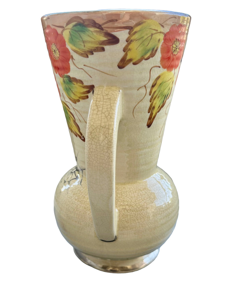 Arthur Wood Pattern 3123 jug vase reverse, hand-painted nasturtiums and green leaves, cream craze glaze, 1930s