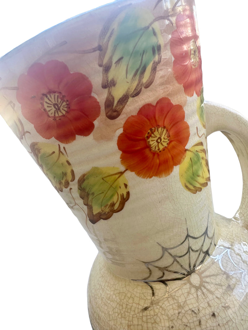 Arthur Wood jug vase detail showing platinum lustre spider web and nasturtium flowers, rare Art Deco Staffordshire pottery