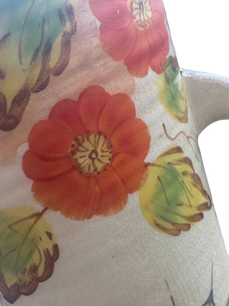 Close-up hand-painted nasturtium flower on Arthur Wood Art Deco pottery, Pattern 3123, Staffordshire 1930s