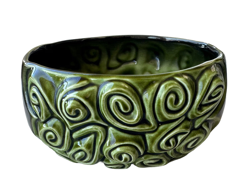 1970s SylvaC Harmony green glazed planter bowl, three-quarter view highlighting raised swirl relief decoration