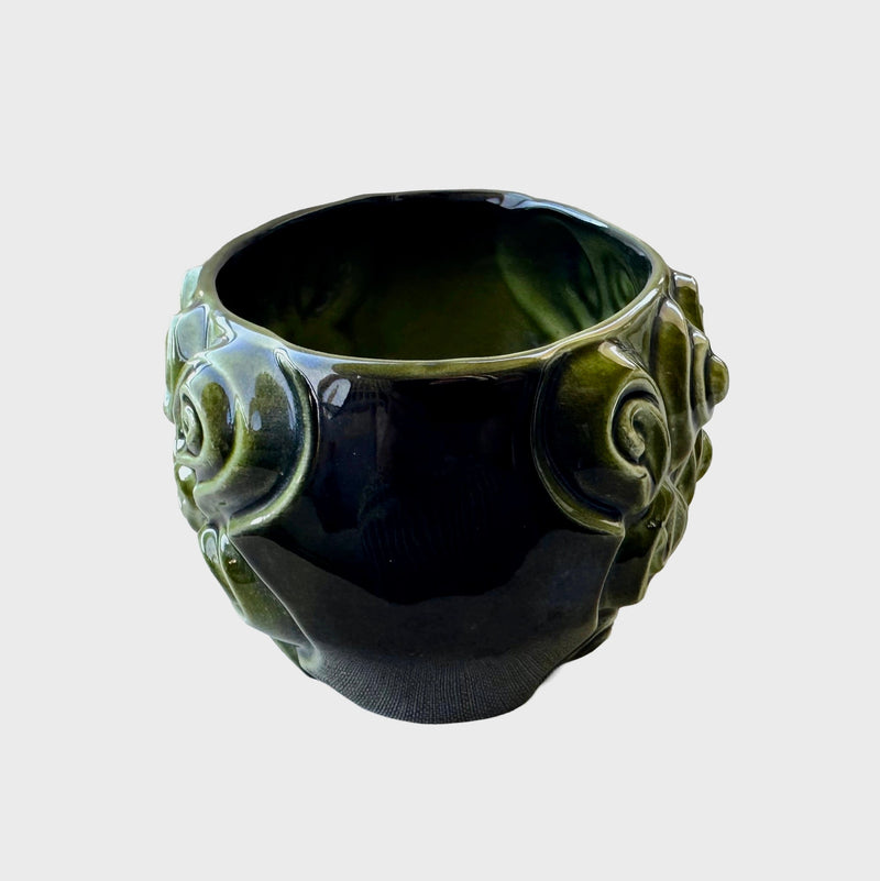 1970s SylvaC Harmony green glazed planter bowl viewed from above, showing deep open interior and raised scroll exterior