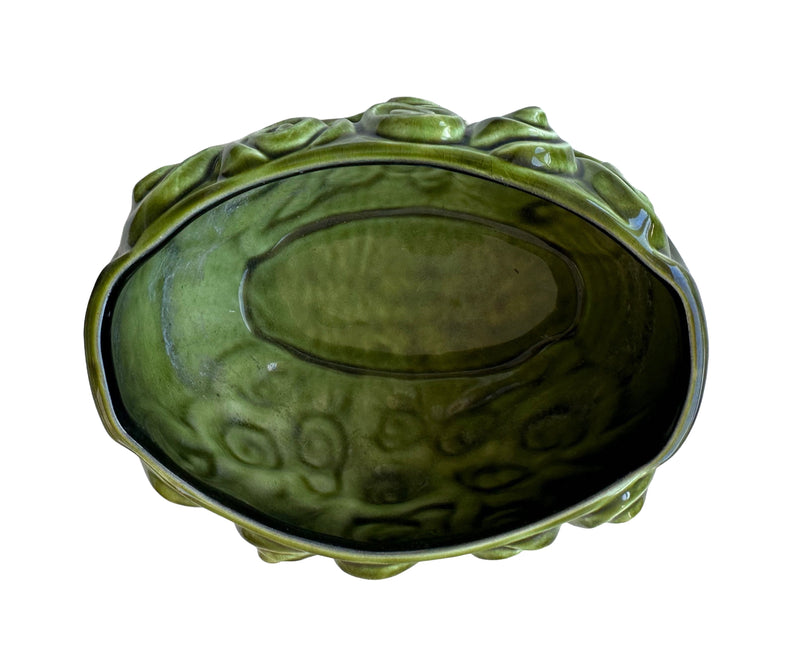 Interior view of 1970s SylvaC Harmony green glazed ceramic planter bowl, showing smooth green glaze and oval base