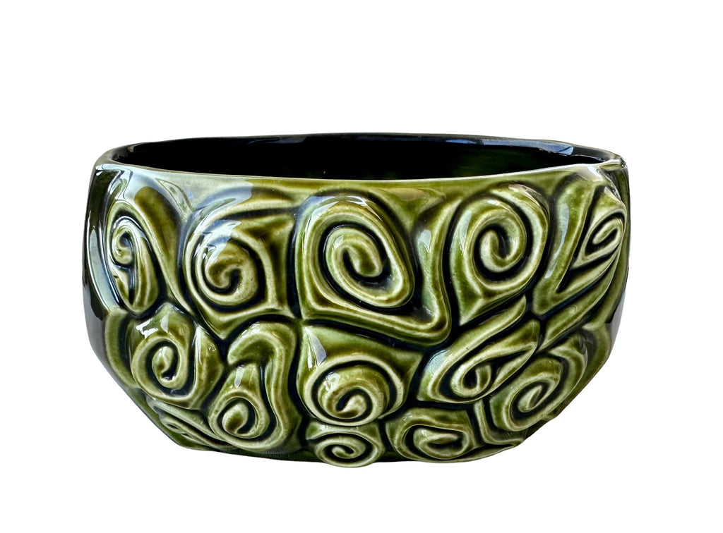 1970s SylvaC Harmony green glazed ceramic planter bowl, front view showing embossed swirl pattern