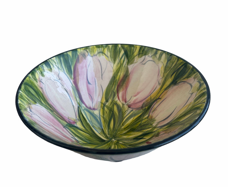 Interior view of Ken and Valerie Shelton pink tulip bowl showing hand-painted floral decoration with dark rim