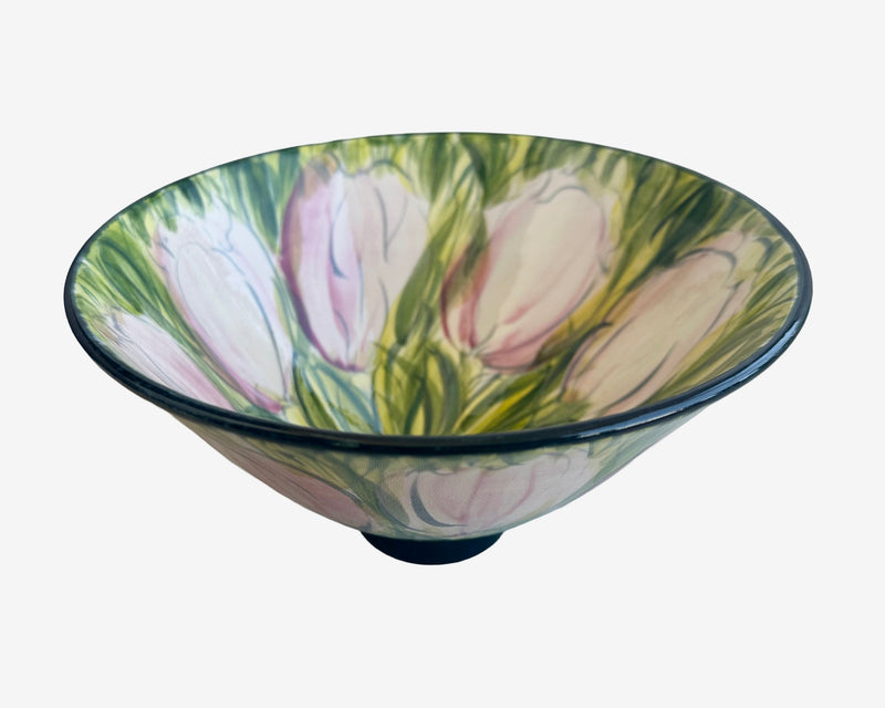 Ken and Valerie Shelton pink tulip bowl, view into interior showing freehand-painted pink tulips amid green leaves, dark rim