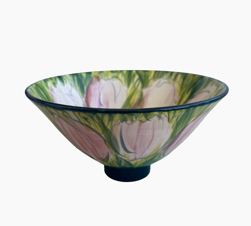 Ken and Valerie Shelton pink tulip bowl, exterior view showing hand-painted tulips