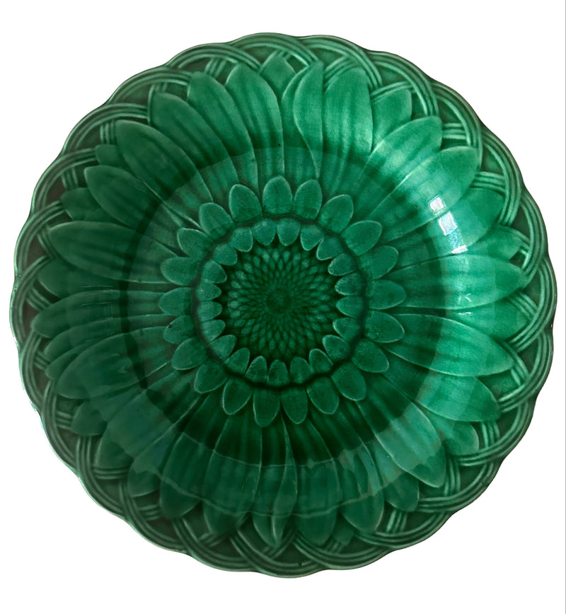 Victorian Wedgwood green majolica Sunflower plates, deeply moulded with flower heads and basketweave borders