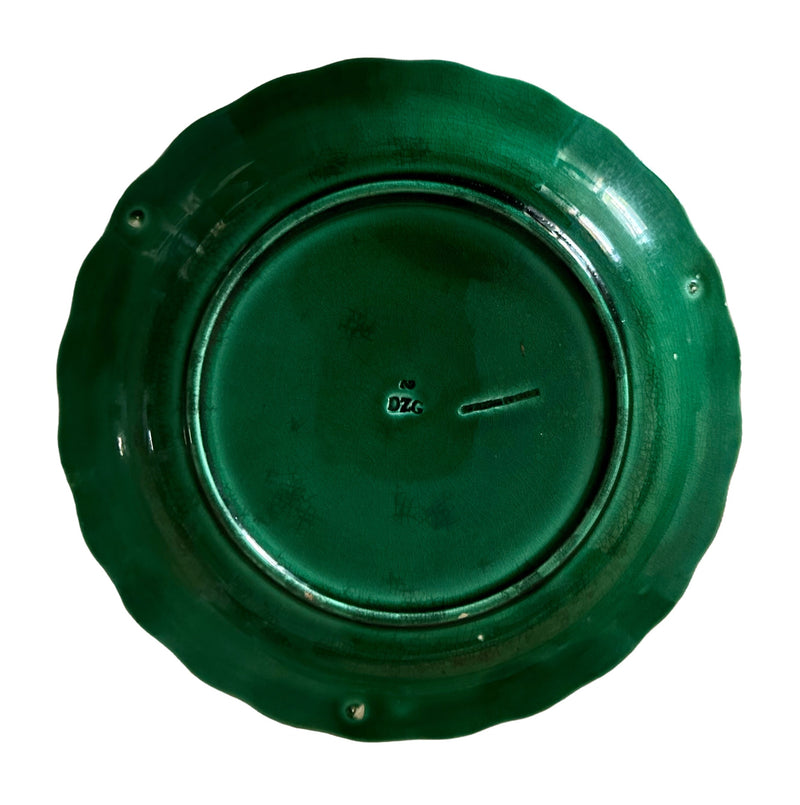 Victorian Wedgwood green majolica Sunflower plates, 1878 and 1879,  Wedgwood and date stamp