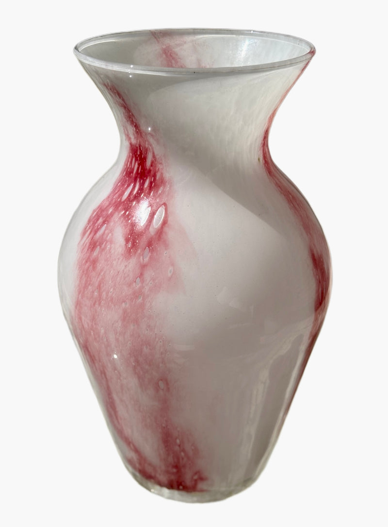 Vintage Opaline Murano Hand-Blown White and Pink Cased Glass Vase 70s