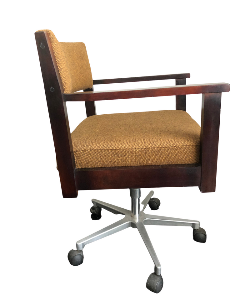 Vintage Mid Century Swivel Desk Chair, Dark Beech Wood Frame upholstered in Mustard Wool