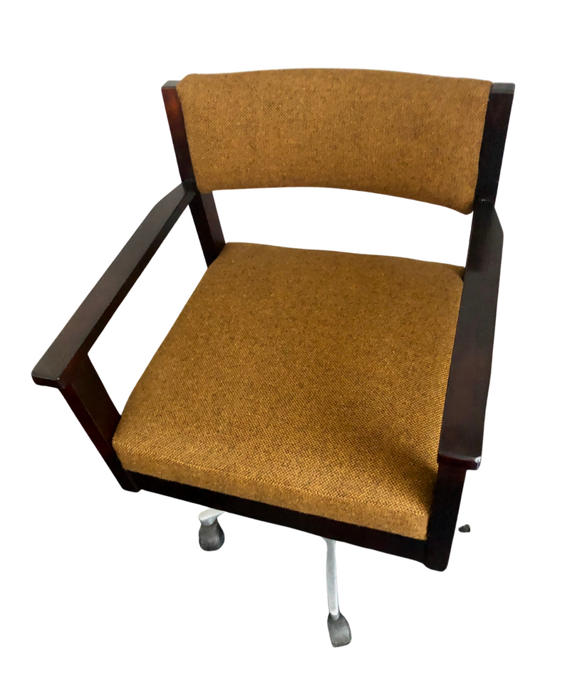 Vintage Mid Century Swivel Desk Chair, Dark Beech Wood Frame upholstered in Mustard Wool