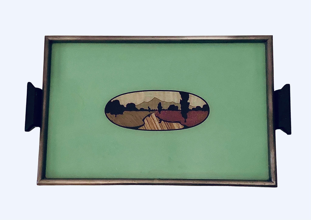 Original Art Deco French Cocktail Tray, Reverse-Painted Glass, Wood Inlay, 1930s