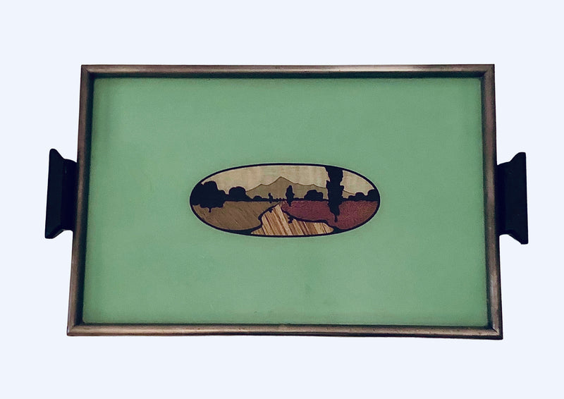 Original Art Deco French Cocktail Tray, Reverse-Painted Glass, Wood Inlay, 1930s