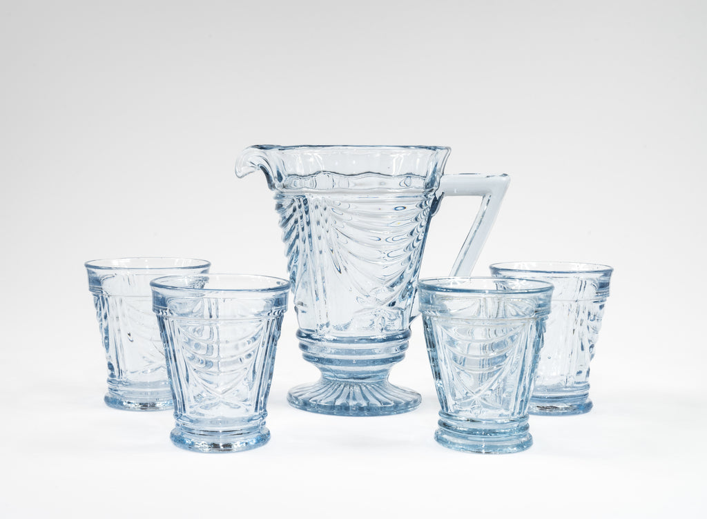 Sowerby Blue Art Deco Pressed Glass Jug and Four Glasses