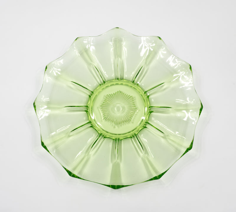 Flower Shaped Green Depression Pressed Glass Plate
