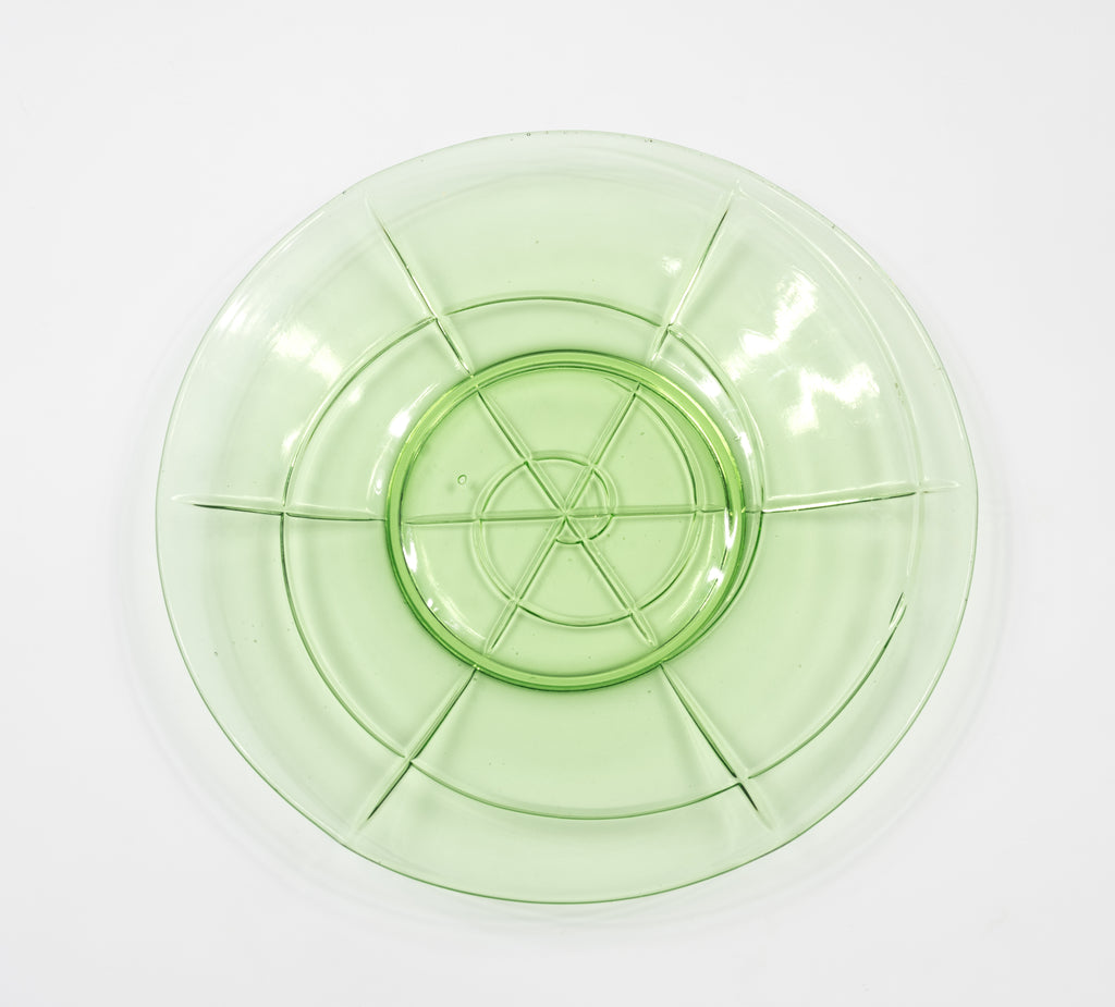 Green Depression Pressed Glass Plate with Spiral
