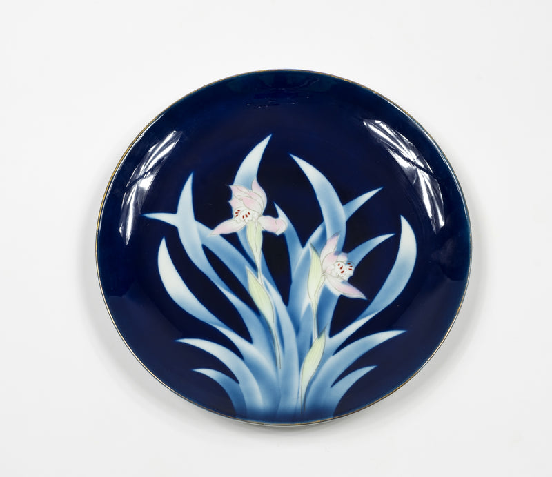 Hand Painted Porcelain Japananese Cobalt Blue Lilly Plate, by Fukagawa Arita