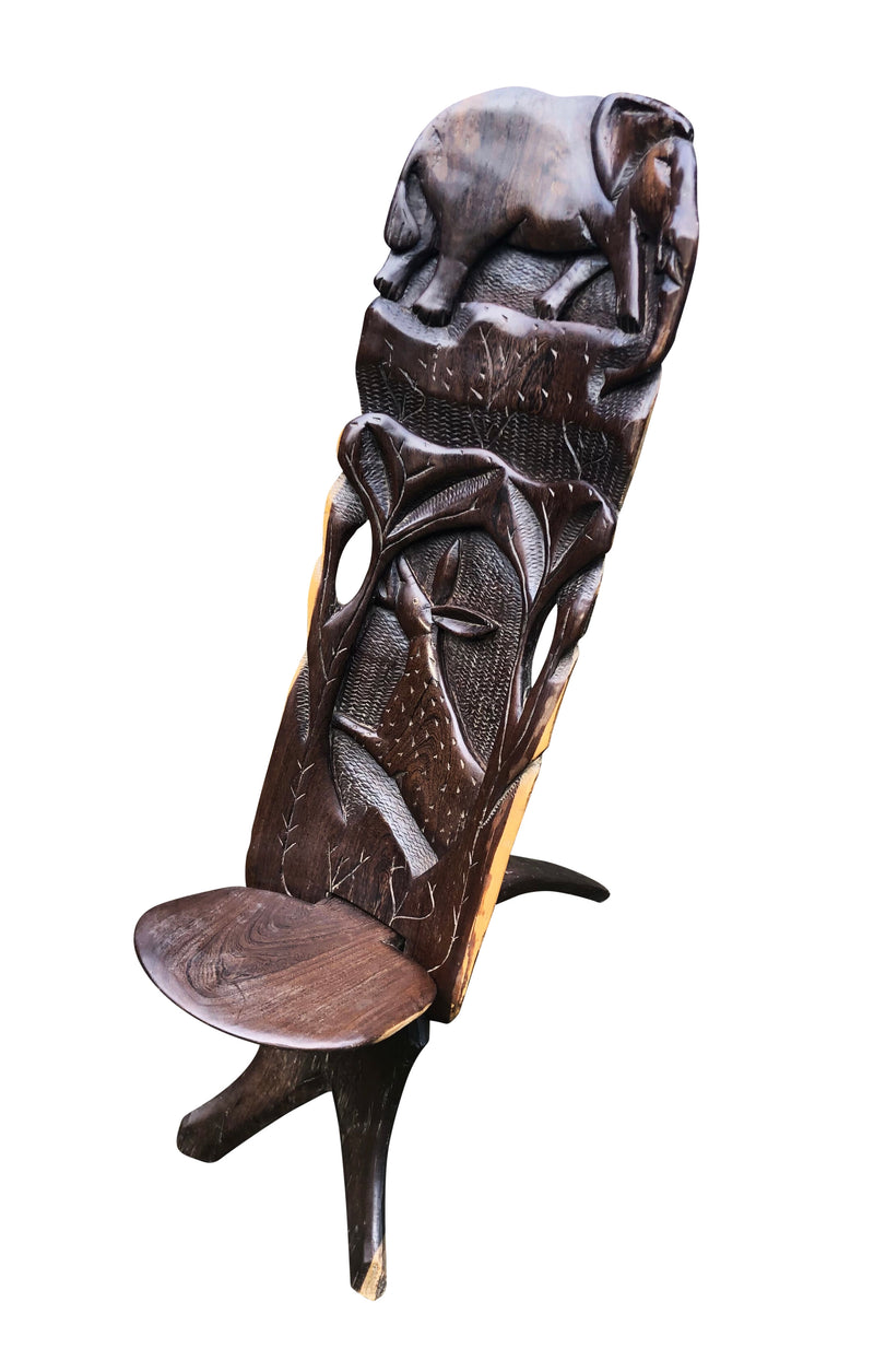 African Palaver Chair, Hand Carved, Elephant and Spotted Deer, 20th Century, African "Birthing Chair"