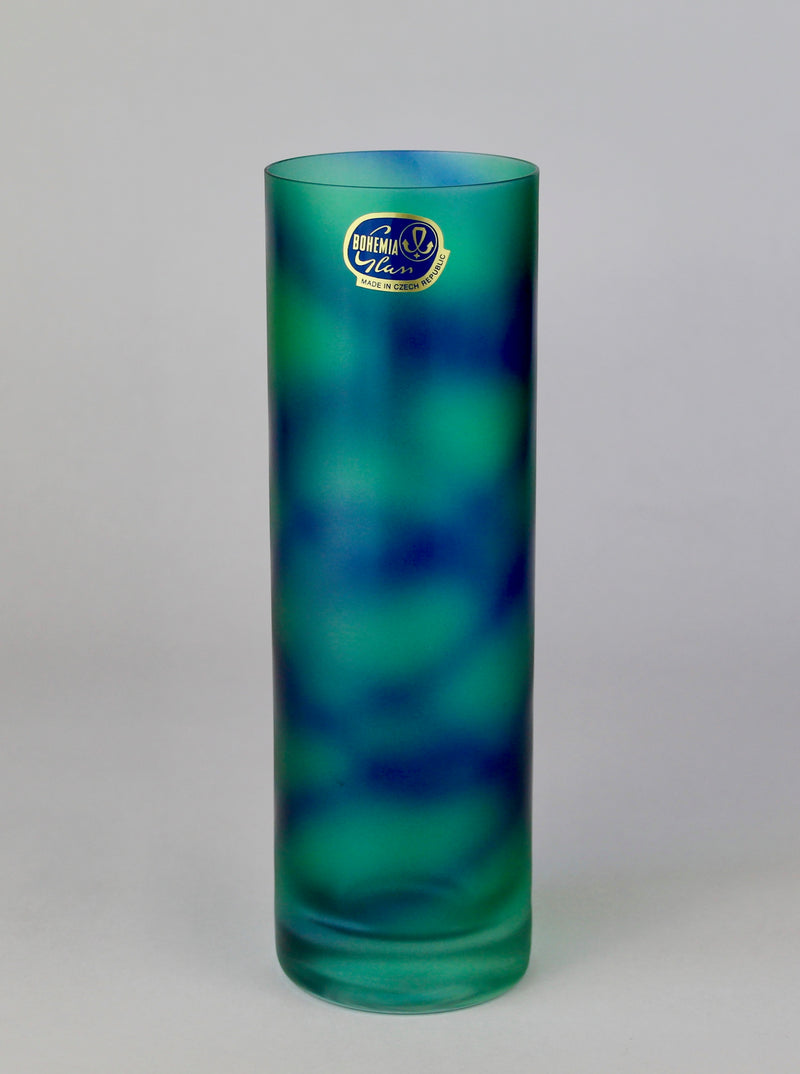 Czech Bohemian Matt Crystal Vase in Sea Green with Freeform Blue Spiral