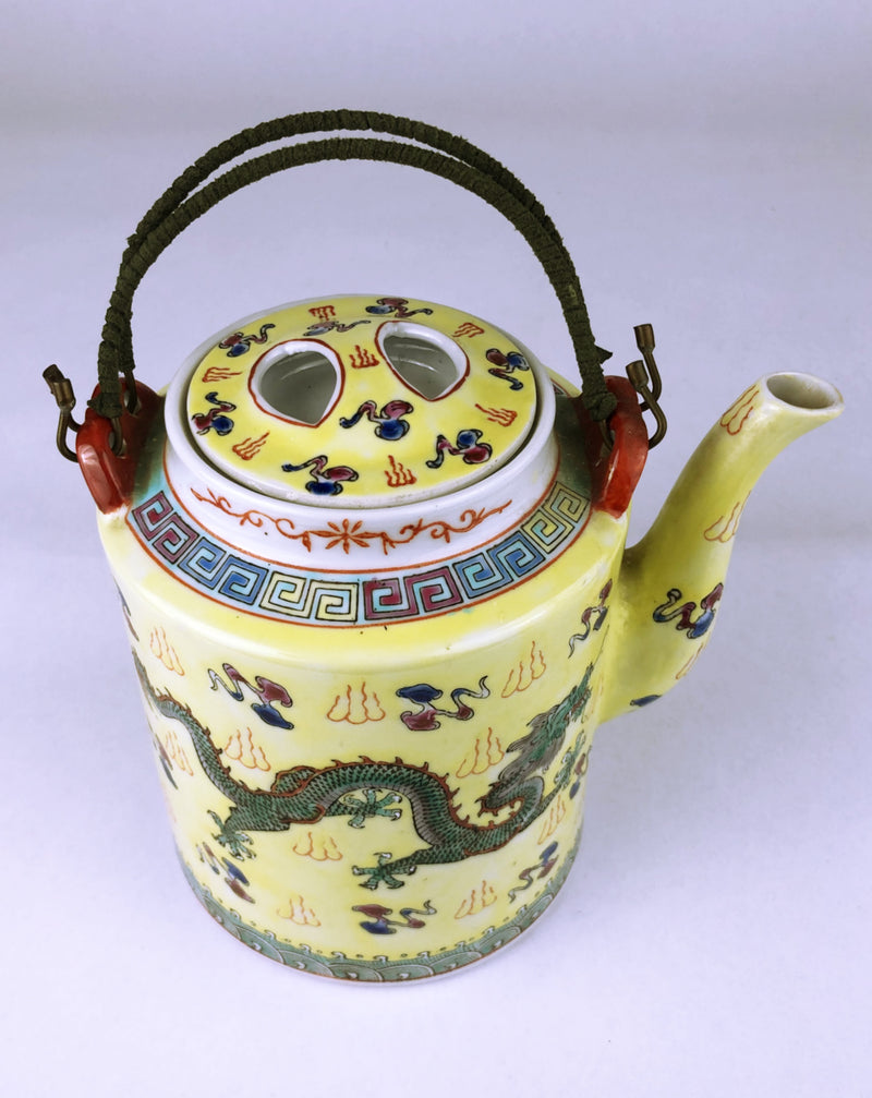 Chinese Porcelain Yellow Dragon Teapot circa 1975 with original rattan handle Zhongguo Zhi Zao Mark
