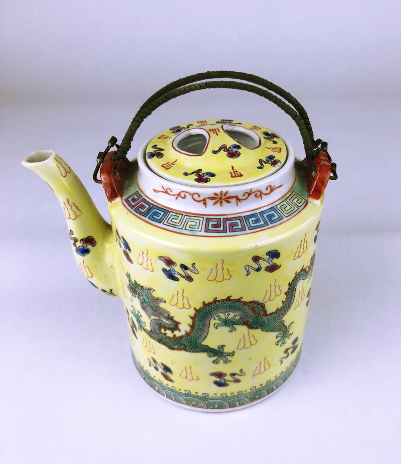 Chinese Porcelain Yellow Dragon Teapot circa 1975 with original rattan handle Zhongguo Zhi Zao Mark