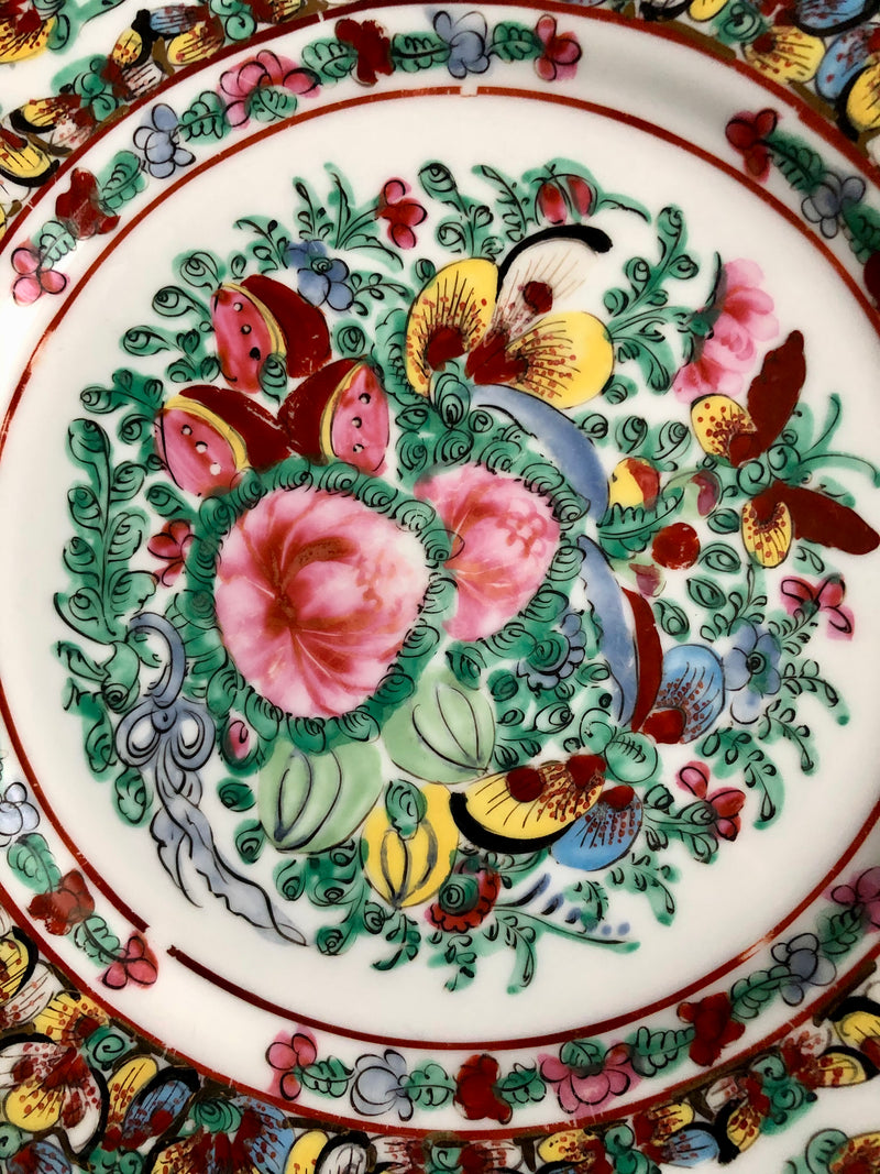 Vintage Famille Rose hand-decorated porcelain dinner plate
